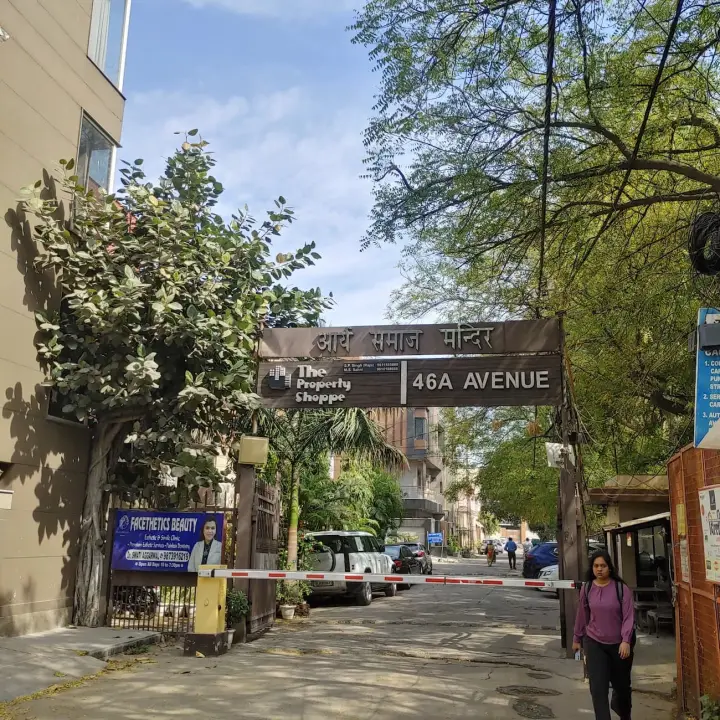 Arya Samaj Mandir sign above the lane entrance in Punjabi Bagh (West)