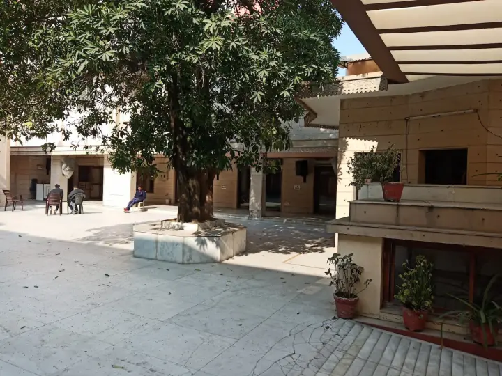 Shaded courtyard with a large tree inside the Arya Samaj Mandir premises